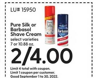 Hy-Vee Pure silk or barbasol shave cream offer