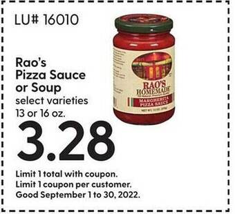 Hy-Vee Rao's pizza sauce or soup offer