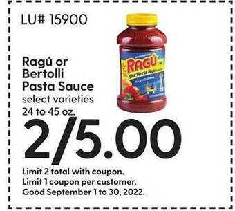 Hy-Vee Ragú or bertolli pasta sauce offer