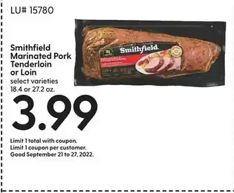 Hy-Vee Smithfield marinated pork tenderloin or loin offer