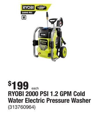 The Home Depot Ryobi 2000 psi 1.2 gpm cold water electric pressure washer offer