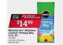 Ace Hardware Miracle-gro moisture control potting mix 2 cu. ft offer