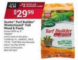 Ace Hardware Scotts turf builder winterguard fall weed & feed offer