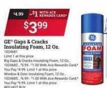 Ace Hardware Ge gaps & cracks insulating foam offer