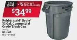 Ace Hardware Rubbermaid brute 32 gal. commercial grade trash can offer