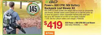 Ace Hardware Ego power+ 600 cfm 56v battery backpack leaf blower kit offer