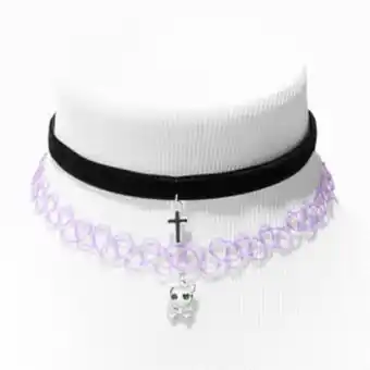 Claire's Black cord cross & purple tattoo skull choker necklaces (2 pack) offer