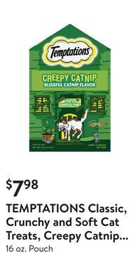 Walmart Temptations classic, crunchy and soft cat treats, creepy catnip treats for cats, blissful catnip flavor offer