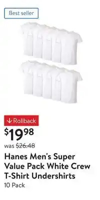 Walmart Hanes men's super value pack white crew t-shirt undershirts offer