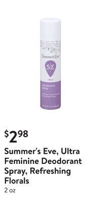 Walmart Summer's eve, ultra feminine deodorant spray, refreshing florals offer