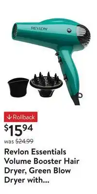 Walmart Revlon essentials volume booster hair dryer, green blow dryer with concentrator and diffuser offer