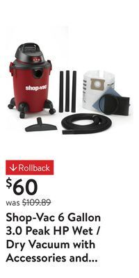 Walmart Shop-vac 6 gallon 3.0 peak hp wet / dry vacuum with accessories and casters offer