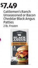 Aldi Cattlemen's Ranch Unseasoned or Bacon Cheddar Black Angus Patties offer