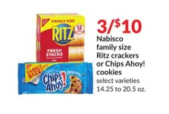 Hy-Vee Nabisco family size ritz crackers or chips ahoy! cookies offer