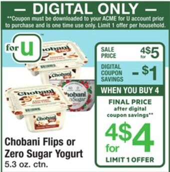 ACME Chobani flips or zero sugar yogurt offer