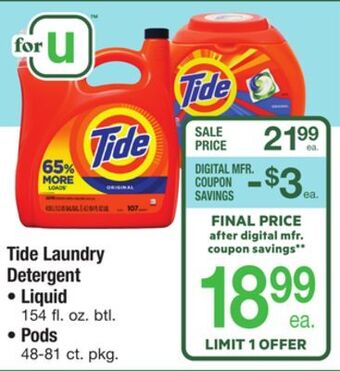 ACME Tide laundry detergent liquid 154 fl. oz. btl., pods 48-81 ct. pkg. offer
