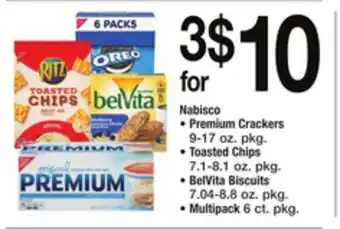 ACME Nabisco premium crackers 9-17 oz. pkg., toasted chips 7.1-8.1 oz. pkg., belvita biscuits 7.04-8.8 oz. pkg., multipack 6 ct. p offer