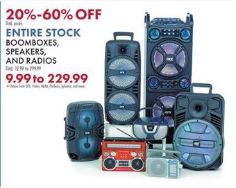 Boscov's Entire stock boomboxes, speakers, and radios offer