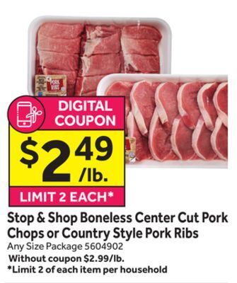 Stop&Shop Stop & shop boneless center cut pork chops or country style pork ribs offer