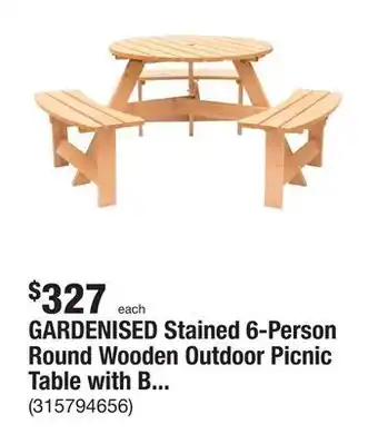 The Home Depot Gardenised stained 6-person round wooden outdoor picnic table with bench for patio with umbrella hole offer