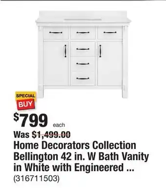 The Home Depot Home decorators collection bellington 42 in. w bath vanity in white with engineered stone vanity top in white with white basi offer