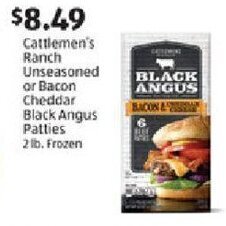 Aldi Cattlemen's Ranch Unseasoned or Bacon Cheddar Black Angus Patties offer