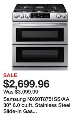 Kmart Samsung nx60t8751ss/aa 30" 6.0 cu.ft. stainless steel slide-in gas range with 5 burners and air fryer offer