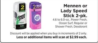 ShopRite Mennen or lady speed stick 2-pk offer
