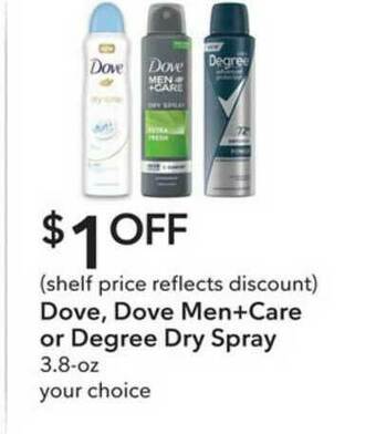 Publix Dove, Dove Men+care Or Degree Dry Spray offer