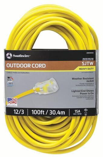 Walmart Southwire 100 foot 15 amp sjtw heavy duty electrical extension cord, yellow offer