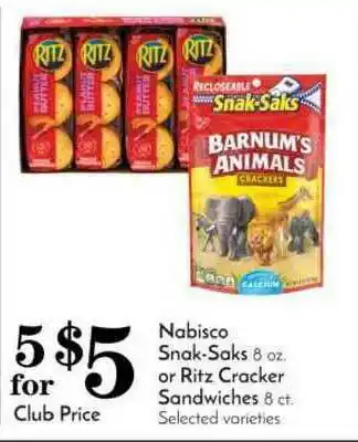 Pavilions Nabisco Snak-saks Or Ritz Cracker Sandwiches offer