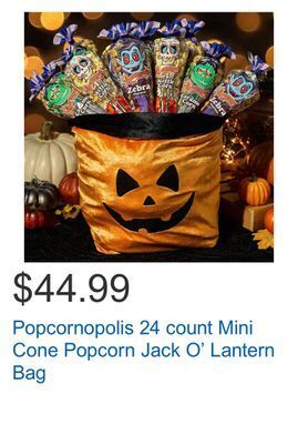 Costco Popcornopolis 24 count mini cone popcorn jack o' lantern bag offer