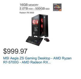 Costco Msi aegis zs gaming desktop - amd ryzen r7-5700g - amd radeon rx 6600 - windows 11 offer