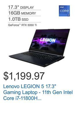 Costco Lenovo legion 5 17.3" gaming laptop - 11th gen intel core i7-11800h - geforce rtx 3050 ti - 144hz 1080p - windows 11 - phanto offer