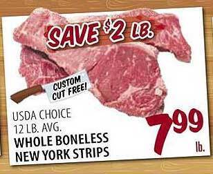 Karns Whole boneless new york strips offer