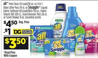 Dollar General All® free clear 24 load/36 oz. or 4 in 1 odor lifter pacs 19 ct. or snuggle® liquid fabric softener 60 load/48.6-50 oz., fabr offer