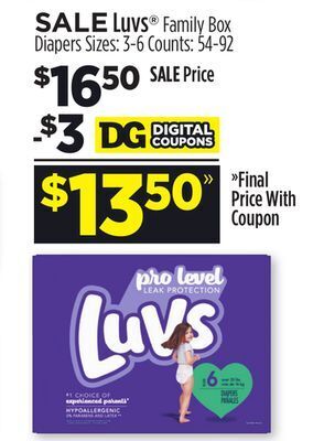Dollar General Luvs® family box diapers offer