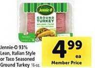Safeway Jennie-o 93% lean, italian style or taco seasoned ground turkey offer