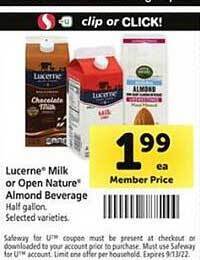 Safeway Lucerne milk or open nature almond beverage offer