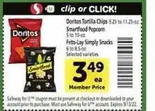 Safeway Doritos tortilla dips, smartfood popcorn offer