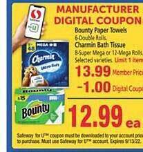 Safeway Bounty paper towels, charmin bath tissue offer