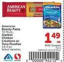 Safeway American beauty pasta, starkist chicken creations or tuna pouches offer