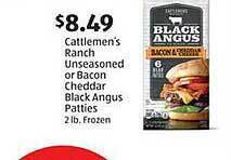 Aldi Cattlemen's ranch unseasoned or bacon cheddar black angus patties offer