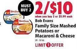 Festival Foods Bob evans family size mashed potatoes or macaroni & cheese offer