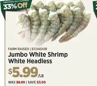 Farm raised ecuador jumbo white shrimp white headles
