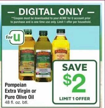 ACME Pompeian extra virgin or pure olive oil offer