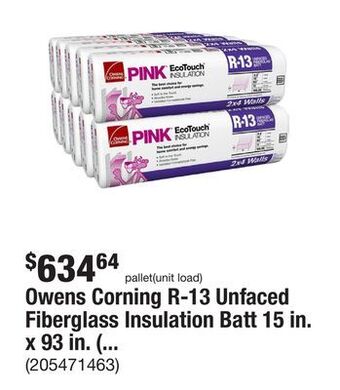 The Home Depot Owens corning r-13 unfaced fiberglass insulation batt 15 in. x 93 in. (10-bags) offer