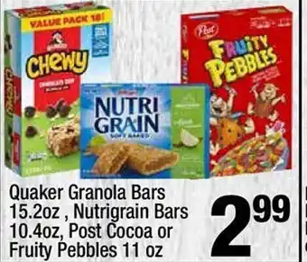 Super King Markets Quaker granola bars, nutrigrain bars, post cocoa or fruity pebbles offer