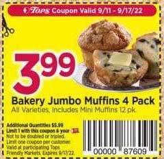 Tops Bakery jumbo muffins 4 pack offer