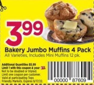 Tops Bakery Jumbo Muffins 4 Pack offer